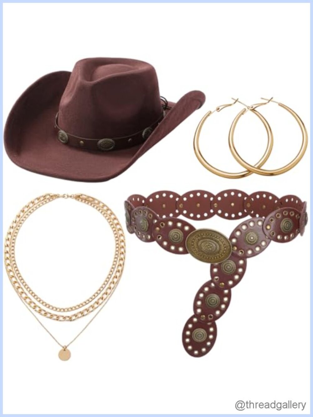 Suede Cowboy Hat & Western Belt Set Gold Hoops Necklace Cosplay